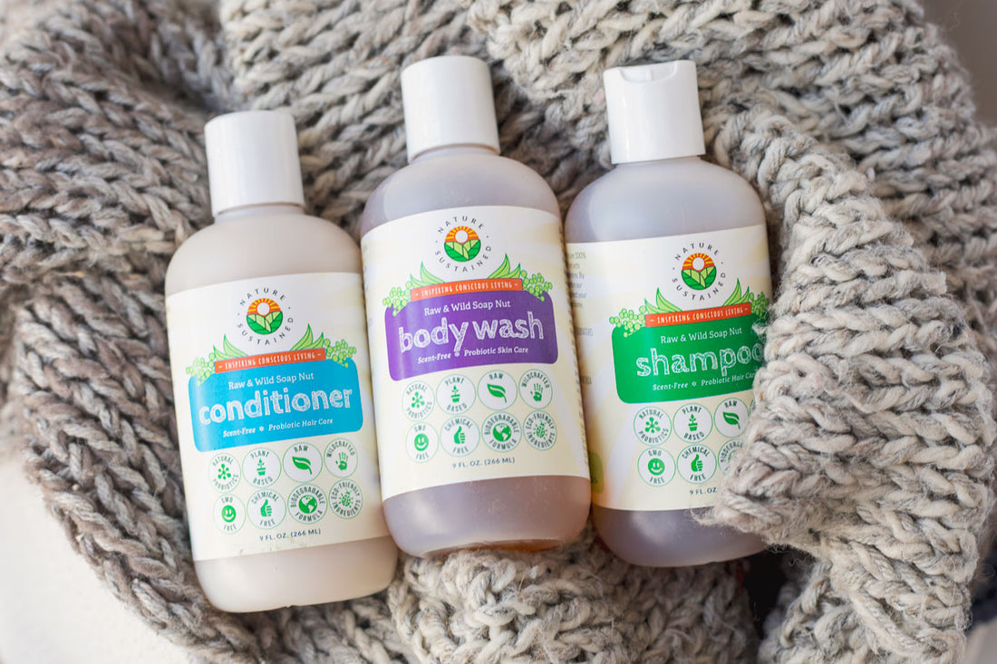 Picture of bottles of Soapberry Natural Shampoo, Conditioner and Body Wash