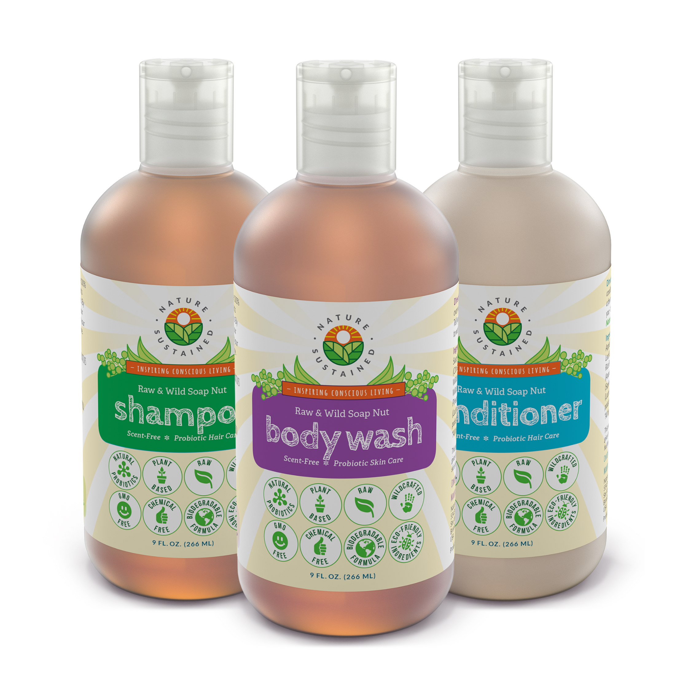 Picture of 3 bottles of Natural Soapberry Shampoo, Conditioner & Body Wash Unscented 9oz x3 by Nature Sustained