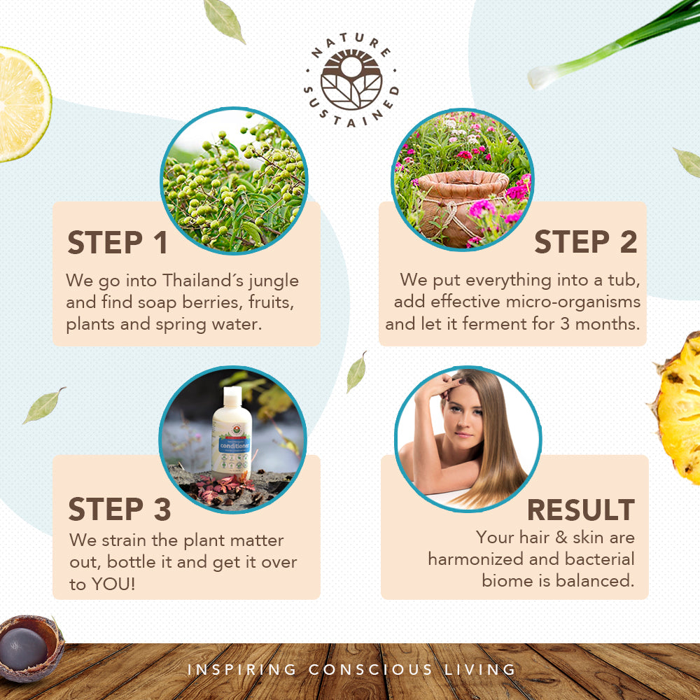 Infographic detailing the manufacturing steps to make Nature Sustained Raw Organic Soapberry Conditioner.