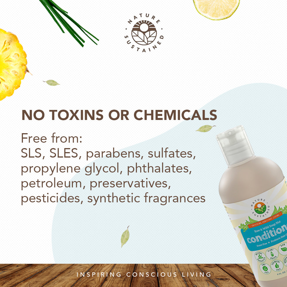 Infographic detailing chemical free qualities of raw natural organic conditioner with a pictures of a bottle of conditioner and ingredients.