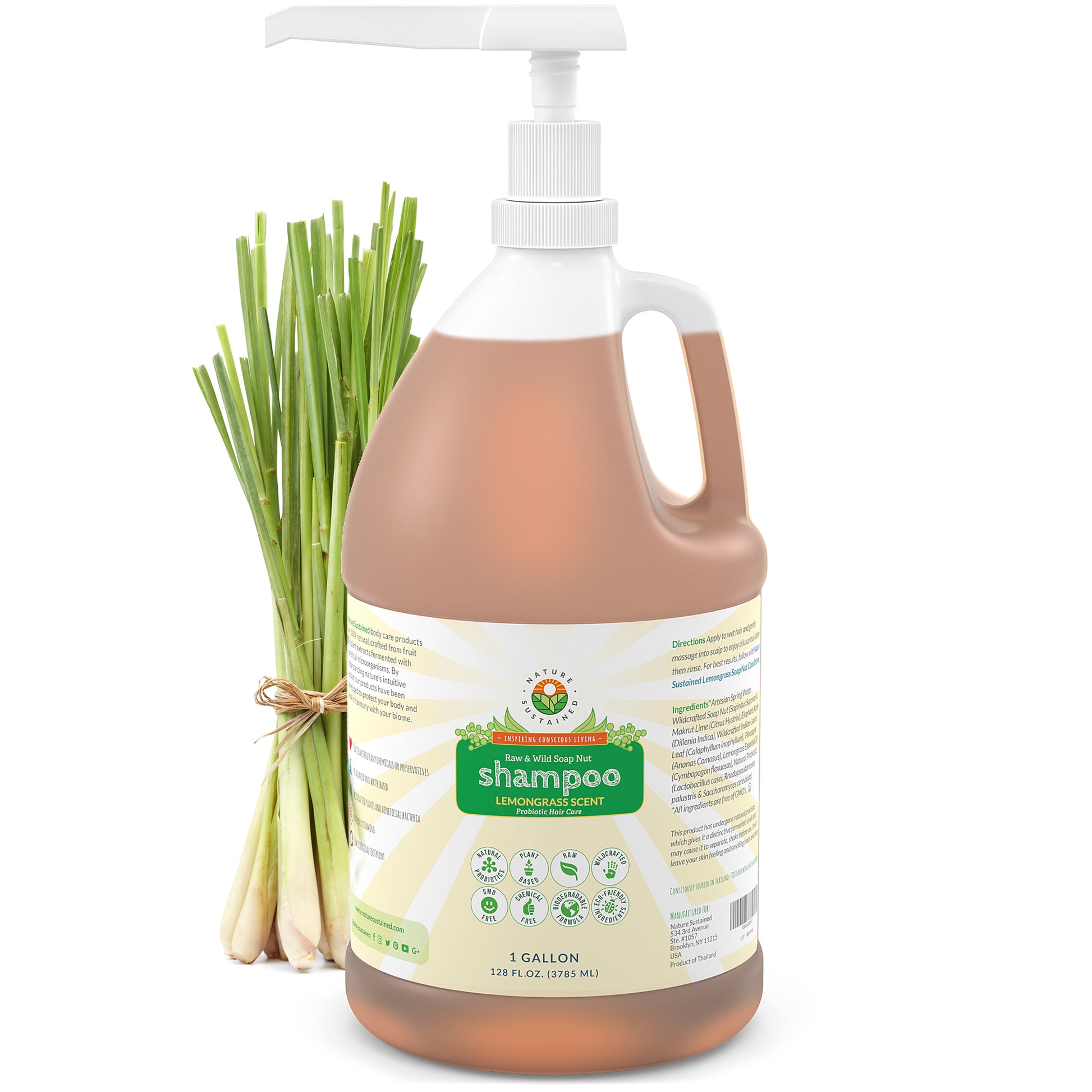 Picture of a 1 gallon bottle of Natural Shampoo scented with Lemongrass by Nature Sustained sustainable natural organic hair care products.